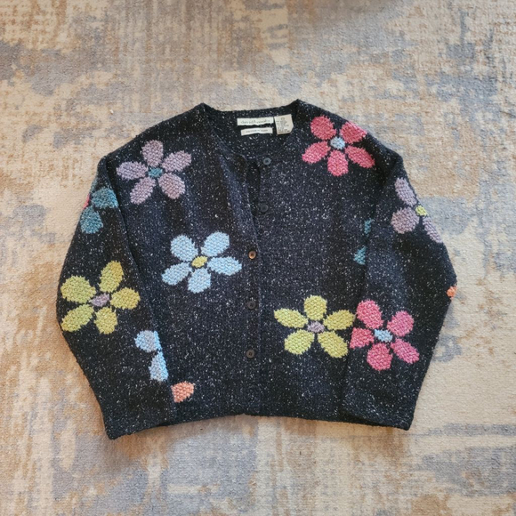 David Brooks Sweaters - Vintage David Brooks Knitted by Hand Small Retro Flower Button Up Cardigan Boho